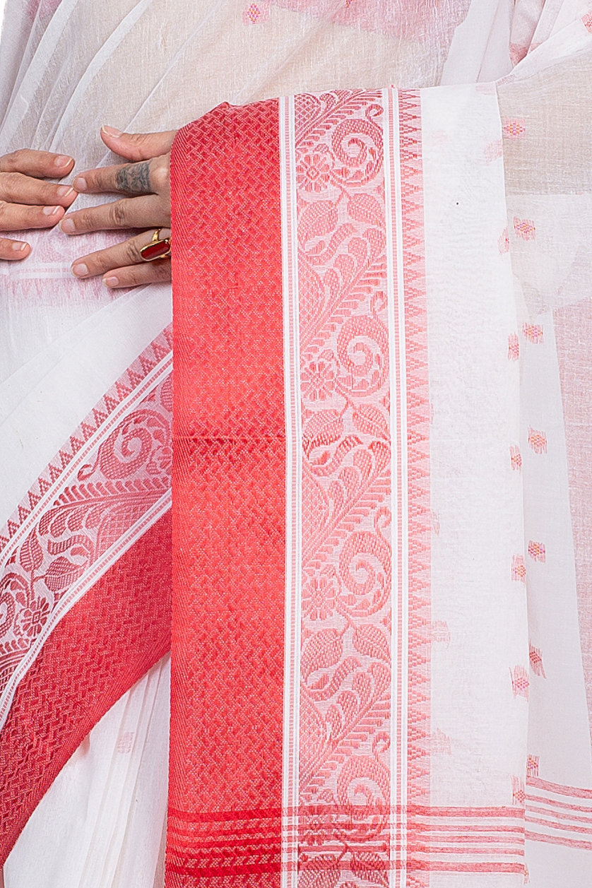 White Pure Cotton Sorbori Tant Saree (859)
